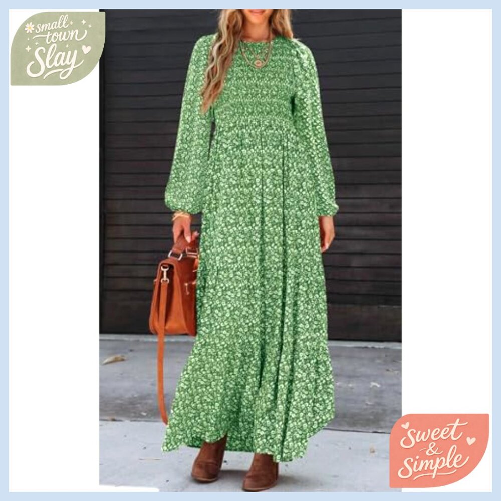 Long Sleeve Floral Maxi Dress Smocked Tiered Casual Flowy Maternity - Picture 3 of 7